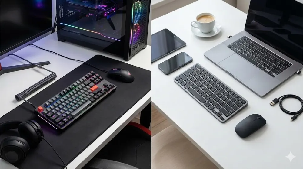 Порівняння двох робочих місць: геймерське з дротовою клавіатурою та офісне з бездротовою клавіатурою і ноутбуком