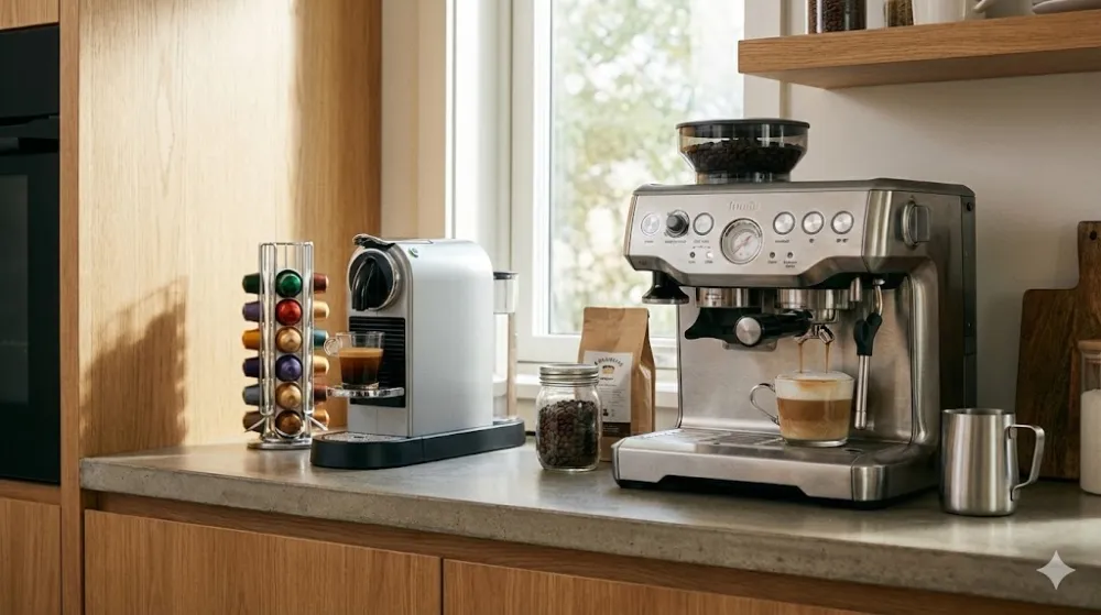 Капсульна та автоматична кавомашини стоять поруч на кухні. Зліва апарат варить каву з капсули, справа — із зерен