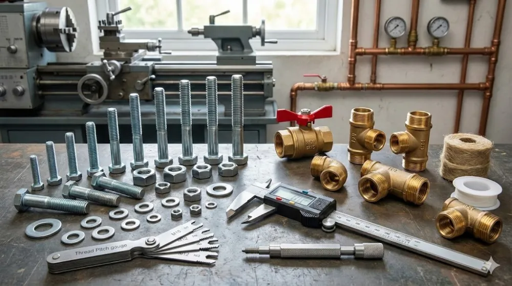 Сталеві болти, латунні фітинги, штангенциркуль та різьбомір на фоні верстата в інженерній майстерні