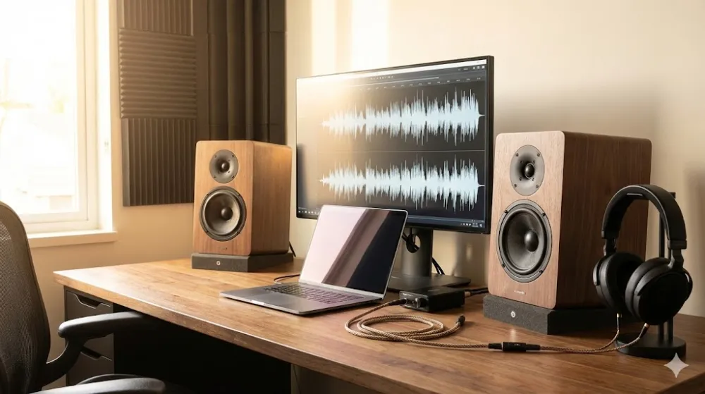 Поличні колонки на ізоляційних підставках, монітор та аудіоінтерфейс на сучасному дерев'яному столі