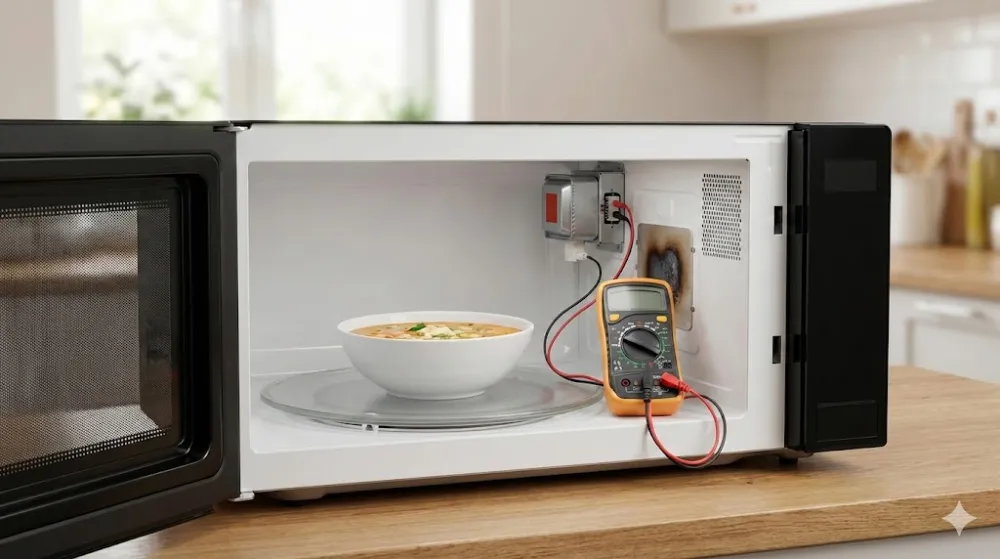 Діагностика мікрохвильовки, що не гріє: мультиметр підключено до магнетрона, видно прогорілу слюдяну пластину