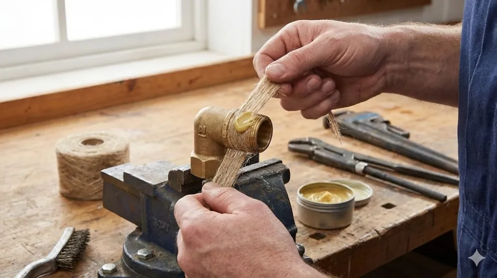 Руки майстра намотують льон та наносять пасту на різьбу латунного фітинга в лещатах на дерев'яному верстаку