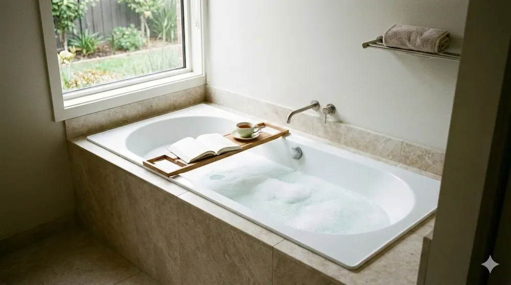 Вбудована сталева ванна біля вікна з пінною водою Біла сталева ванна з піною та дерев'яним підносом для книги і чаю, вбудована біля великого вікна з видом на сад