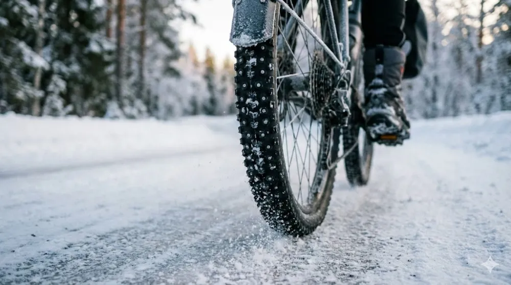 Крупний план шипованої велошини, що їде по засніженій та зледенілій дорозі в лісі, розкидаючи сніг