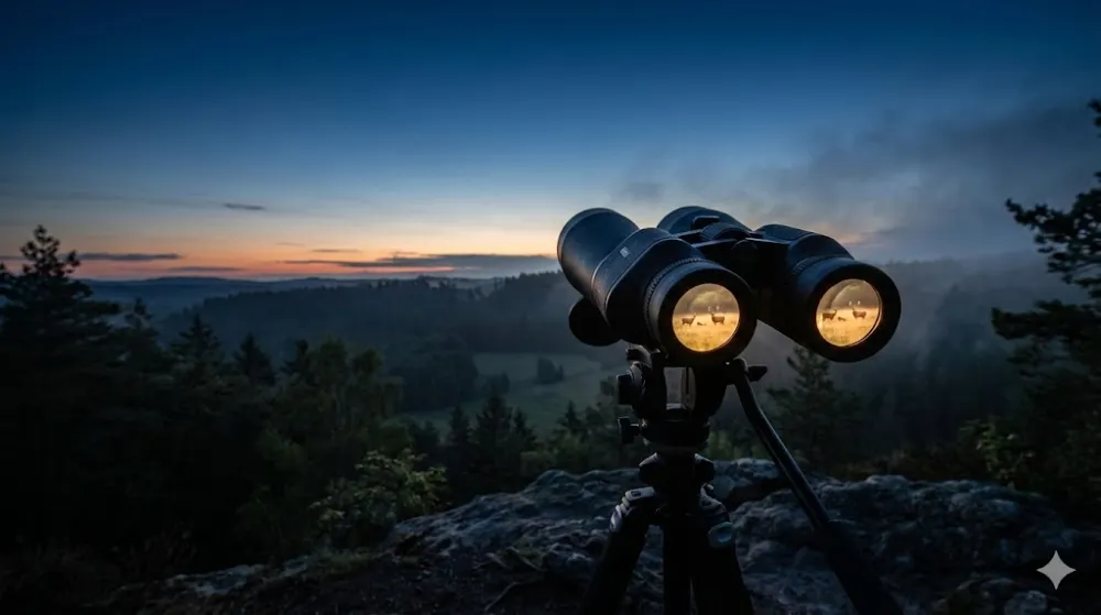 інокль із високою світлосилою для спостережень у сутінках Бінокль на штативі в сутінках. В окулярах видно яскраве зображення оленів, що демонструє високу світлосилу приладу