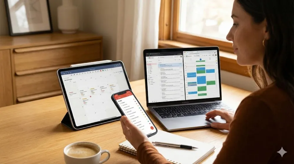 Жінка в домашньому офісі працює з календарями на iPad, iPhone та ноутбуці, синхронізуючи свій розклад