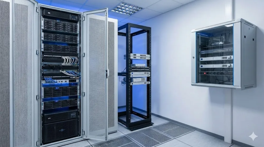 Серверна кімната з трьома типами стійок: закрита підлогова шафа 42U, відкрита двостійкова рама та настінна шафа з обладнанням