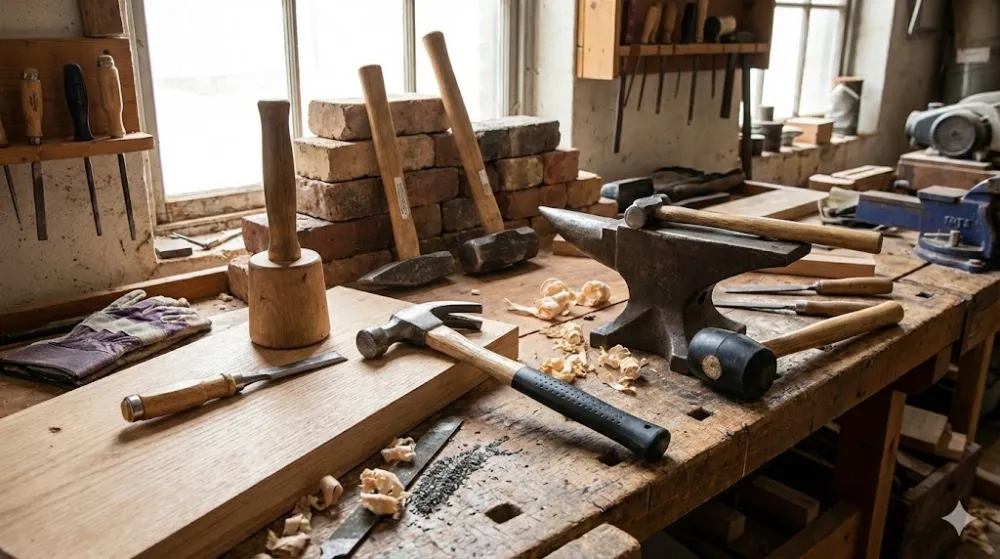 Фото різних видів молотків, киянок та інших інструментів, розкладених на дерев'яному столярному верстаку в майстерні