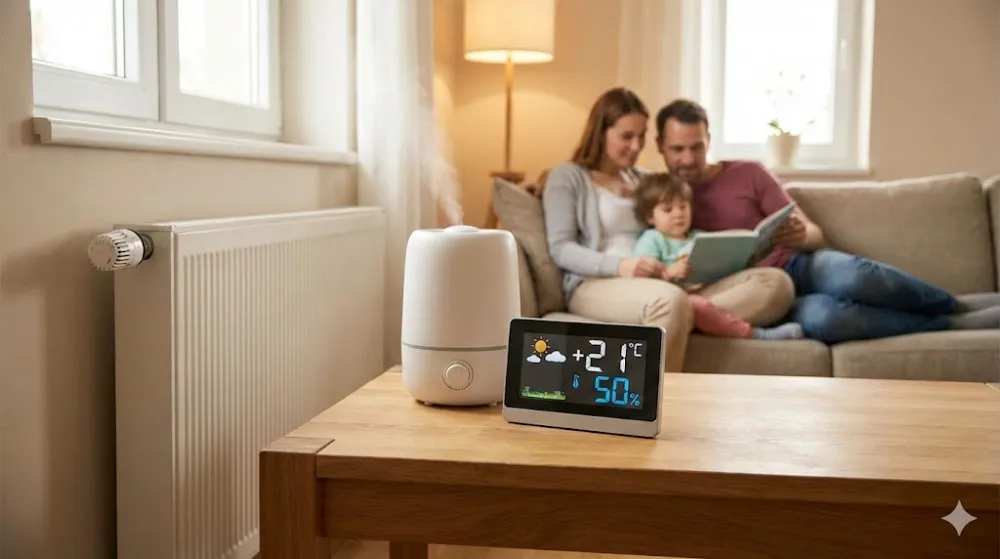 Контроль оптимальної температури та вологості повітря у вітальні Цифровий гігрометр та зволожувач у кімнаті з родиною. Контроль температури для здорового мікроклімату вдома
