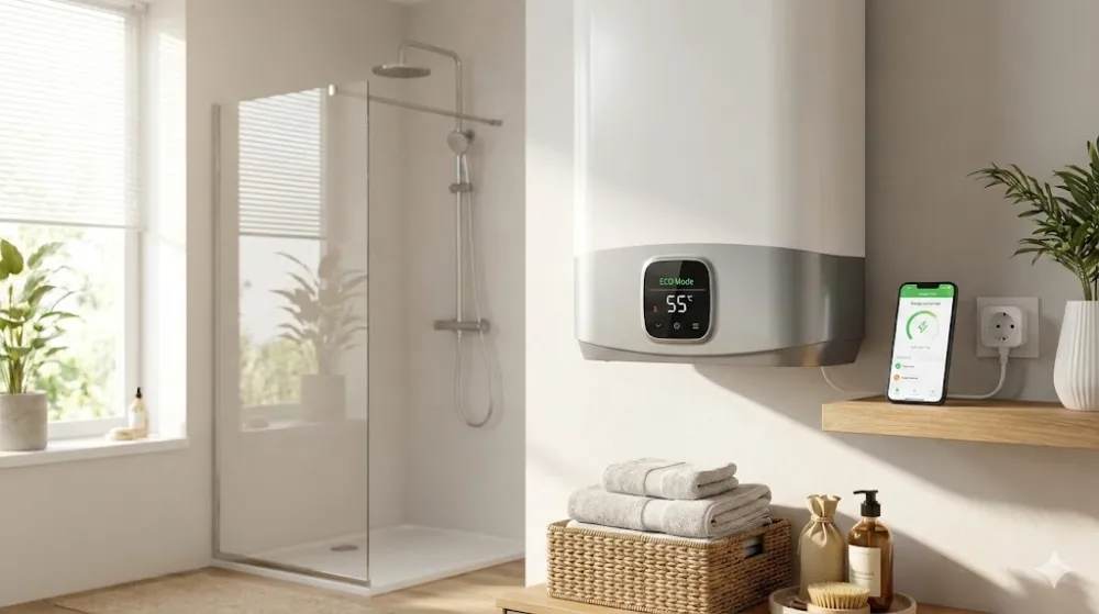 Бойлер Ariston у ванній з режимом ECO 55°C на дисплеї. Поруч смартфон із додатком керування та розумна розетка