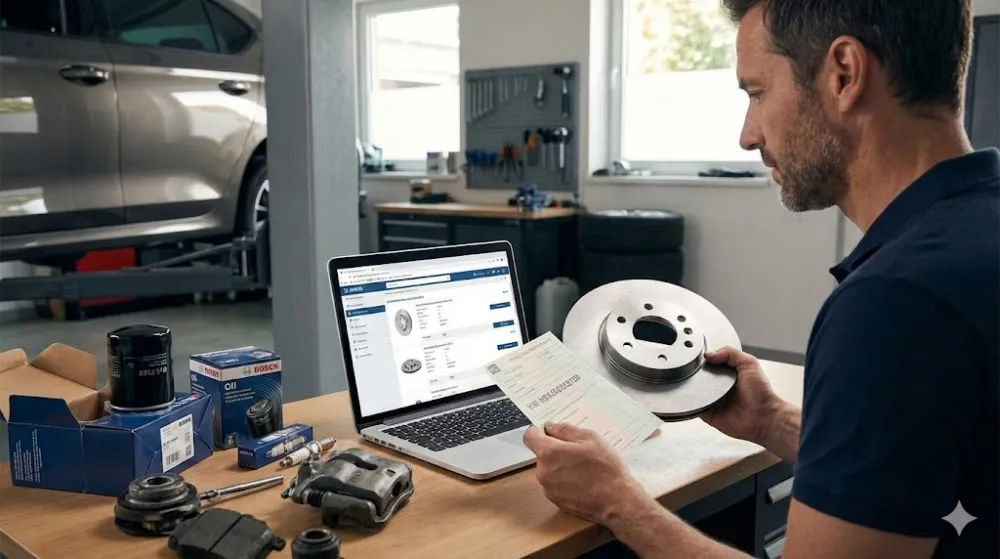 Чоловік у майстерні підбирає запчастини онлайн, звіряючи гальмівний диск з каталогом на ноутбуці та VIN-кодом