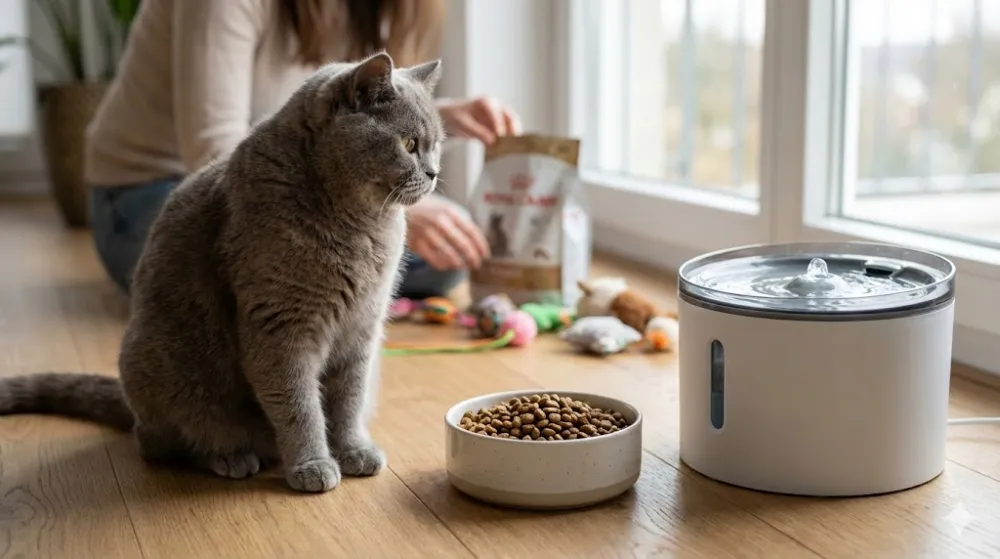 Сірий кіт біля миски з кормом та поїлки-фонтана у світлій кімнаті. Власниця відкриває пакування корму на фоні