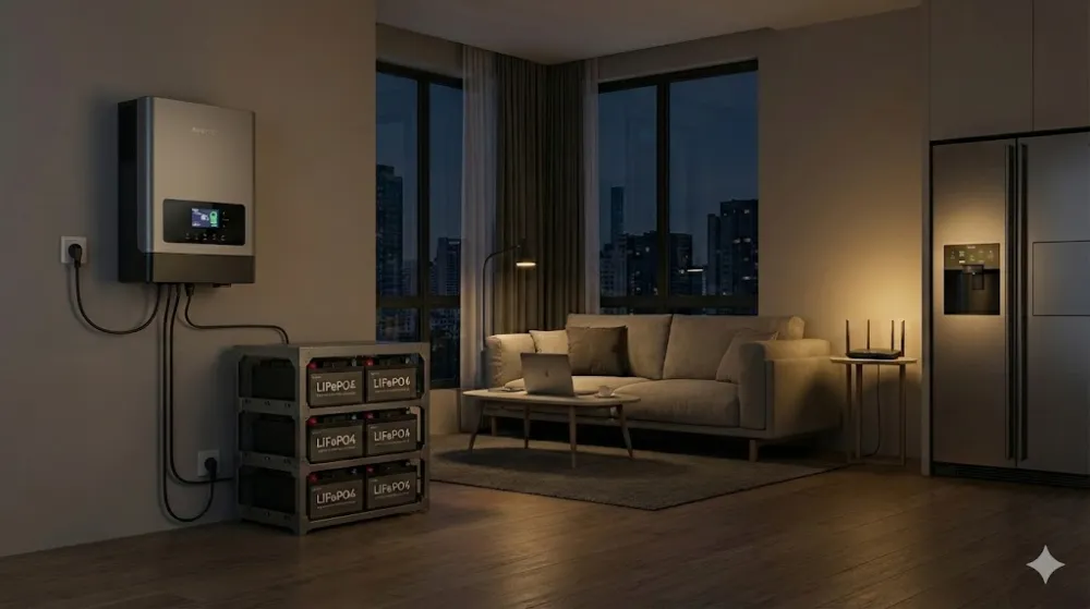 Система резервного живлення квартири: інвертор і акумулятори Гібридний інвертор на стіні та стійка LiFePO4 акумуляторів у вітальні, що живлять освітлення та техніку під час блекауту
