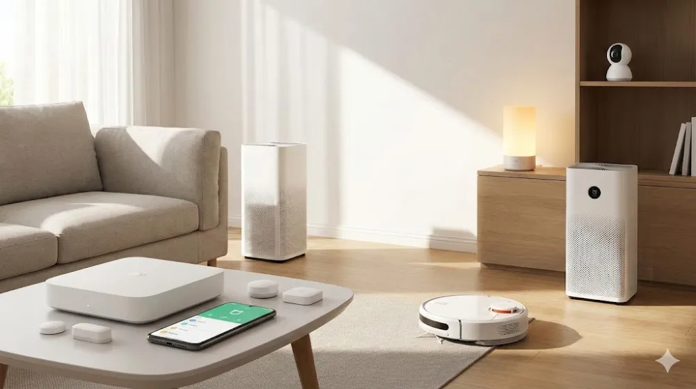 Пристрої розумного дому Xiaomi Mi Home у вітальні: робот-пилосос, очищувачі, хаб, камера та смартфон із застосунком