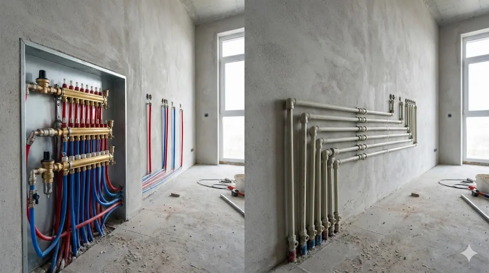 Дві схеми розводки труб: колекторна зліва та трійникова справа на бетонній стіні новобудови