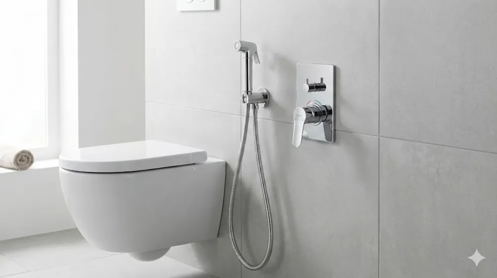 Вбудований гігієнічний душ із хромованим змішувачем та лійкою на стіні біля підвісного унітаза в сучасному санвузлі