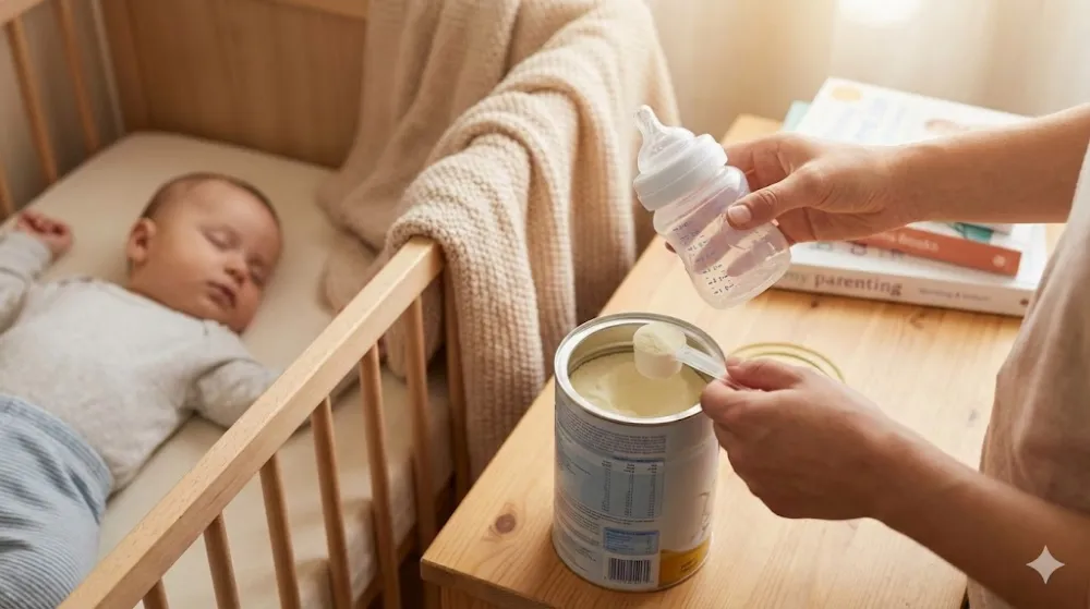 Приготування дитячої суміші: рука насипає порошок у пляшечку, на фоні дитина спить у ліжечку