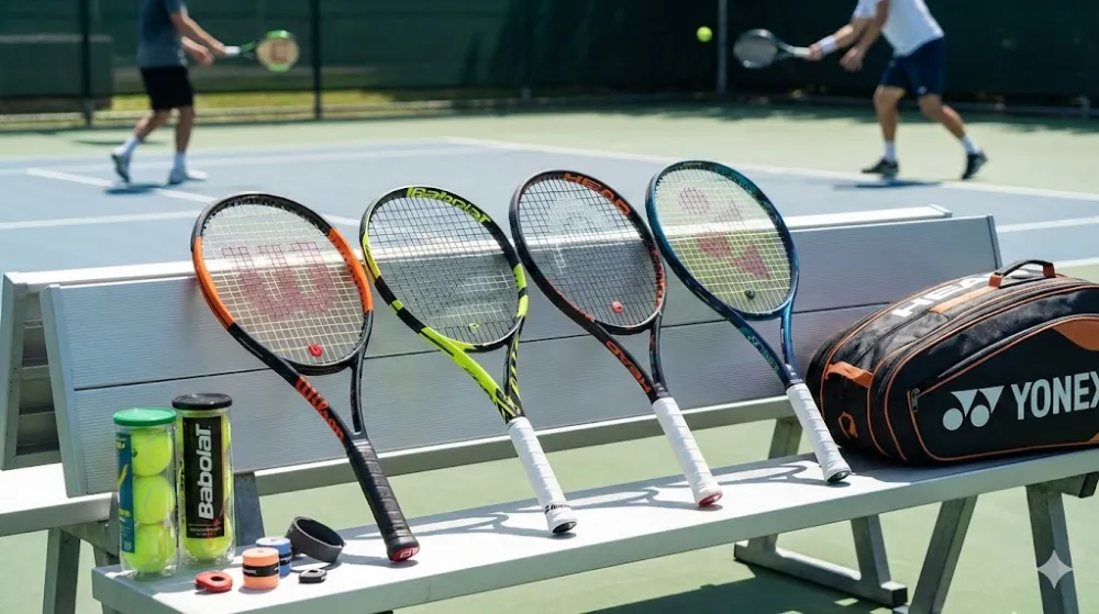 Ракетки Wilson, Babolat, Head і Yonex, м'ячі та сумка на лавці біля тенісного корту, де грають спортсмени
