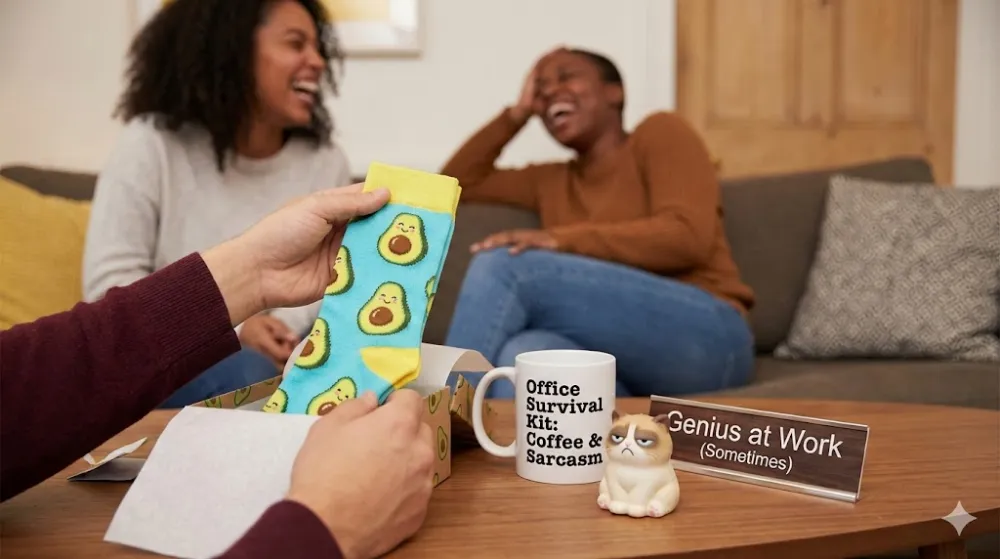 Як вибрати вдалий подарунок-прикол для близьких та друзів Смішні подарунки на столі: яскраві шкарпетки, іронічна чашка та друзі, які щиро сміються на фоні