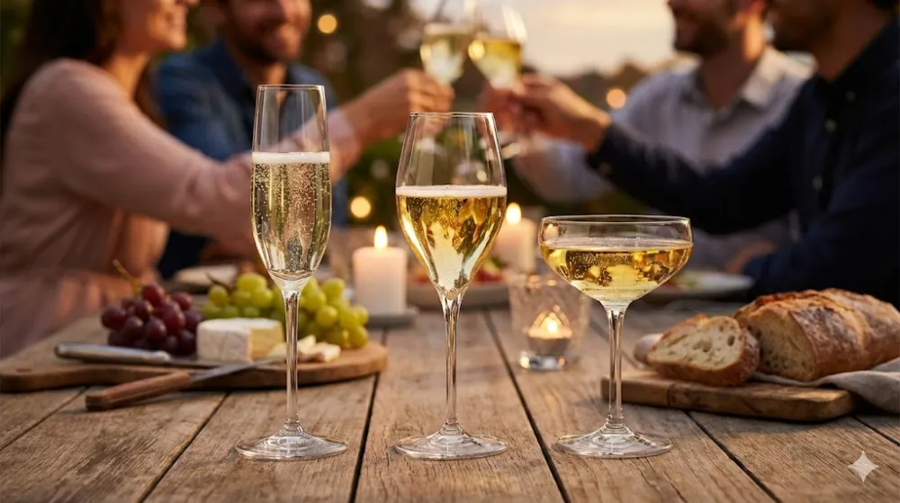 Порівняння просекко, кави та креману в келихах на вечері Три келихи ігристого вина на столі з закусками на фоні людей під час вечері в теплому вечірньому світлі