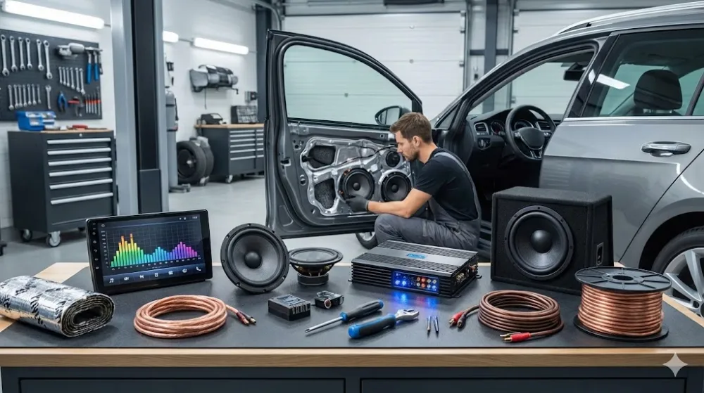 Компоненти аудіосистеми, кабелі та шумоізоляція на фоні майстра, що встановлює динаміки в двері автомобіля