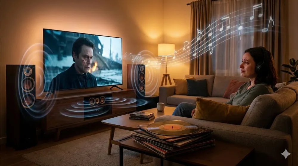 Роль музики в кіно: емоційний вплив саундтреку на глядача Жінка дивиться кіно з професійною акустикою, відчуваючи емоційний вплив музики та звукових хвиль