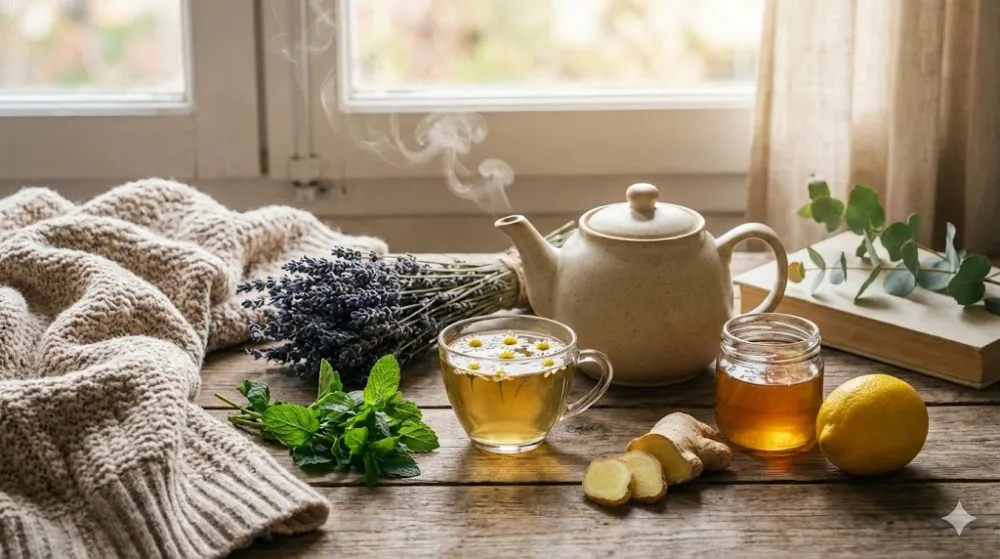Чашка ромашкового чаю, чайник, лаванда, м'ята, імбир, мед і лимон на дерев'яному столі біля вікна з пледом