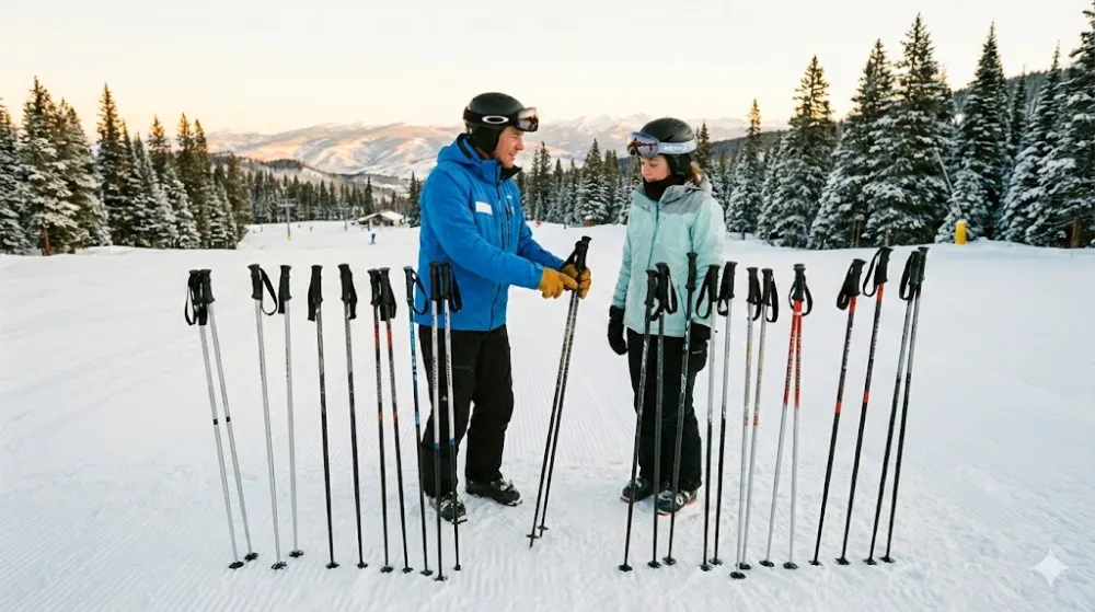 Інструктор показує початківцю різні лижні палиці, встромлені в сніг на гірськолижному курорті під час заходу сонця