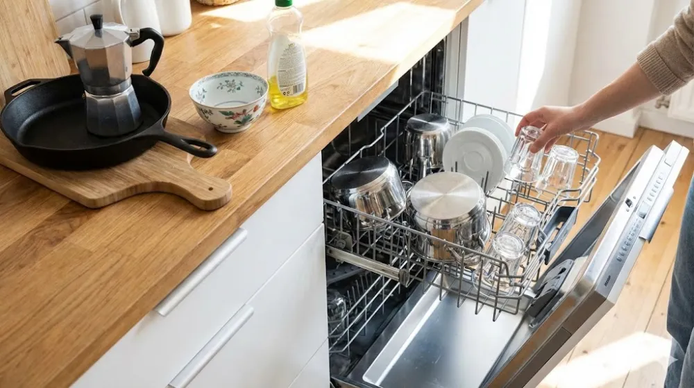 Людина кладе склянки в посудомийку з каструлями. На столі поруч лежить посуд, який не можна мити: чавун, дерево, алюміній