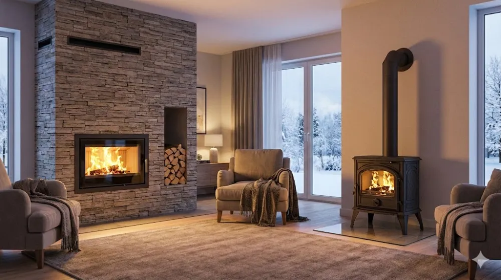 Порівняння в інтер'єрі: вбудована камінна топка в камені та окрема чавунна піч-буржуйка з вогнем у затишній вітальні взимку