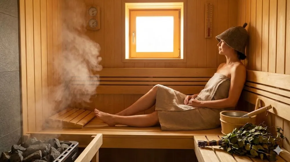 Жінка в сауні відпочиває на лаві. Поруч термометр, дерев'яне відро, банна шапка та легка пара від гарячого каміння