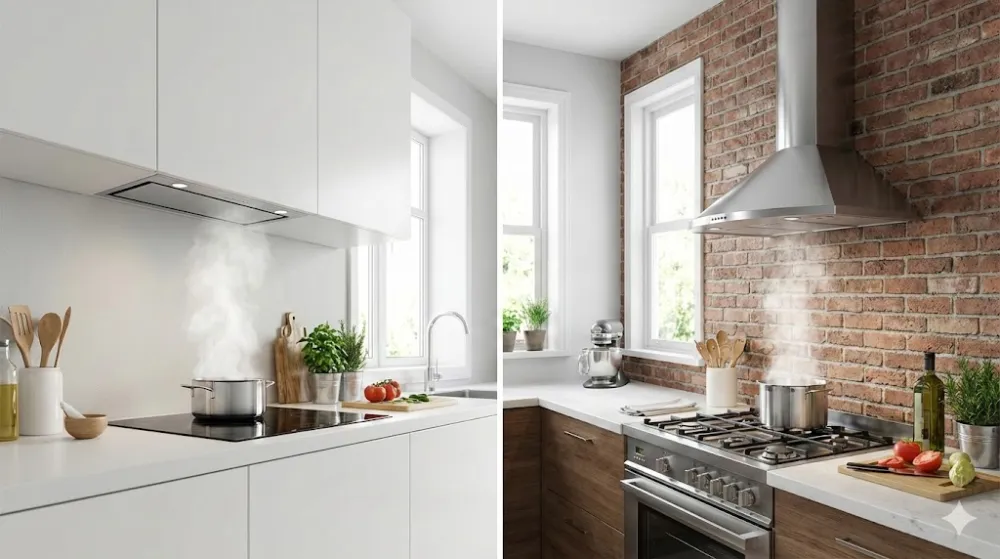 Порівняльне фото: зліва вбудована витяжка в білій кухні, справа купольна витяжка з нержавійки. Над плитами йде пара