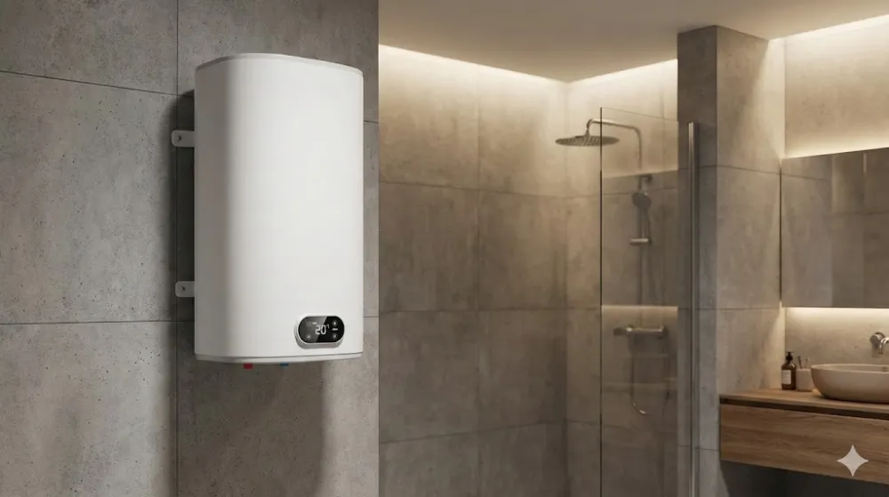 Вертикальний накопичувальний водонагрівач для дому на стіні у сучасній ванній кімнаті з мінімалістичним дизайном