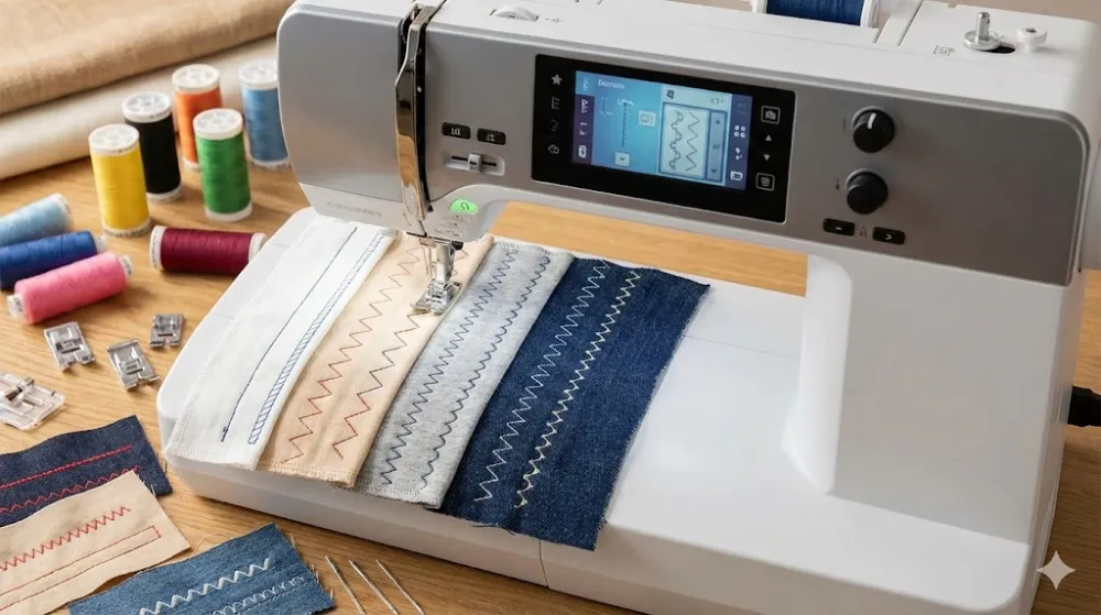 Швейна машина виконує різні типи стібків, включаючи прямий, зигзаг та декоративні, на зразках джинсу та бавовни