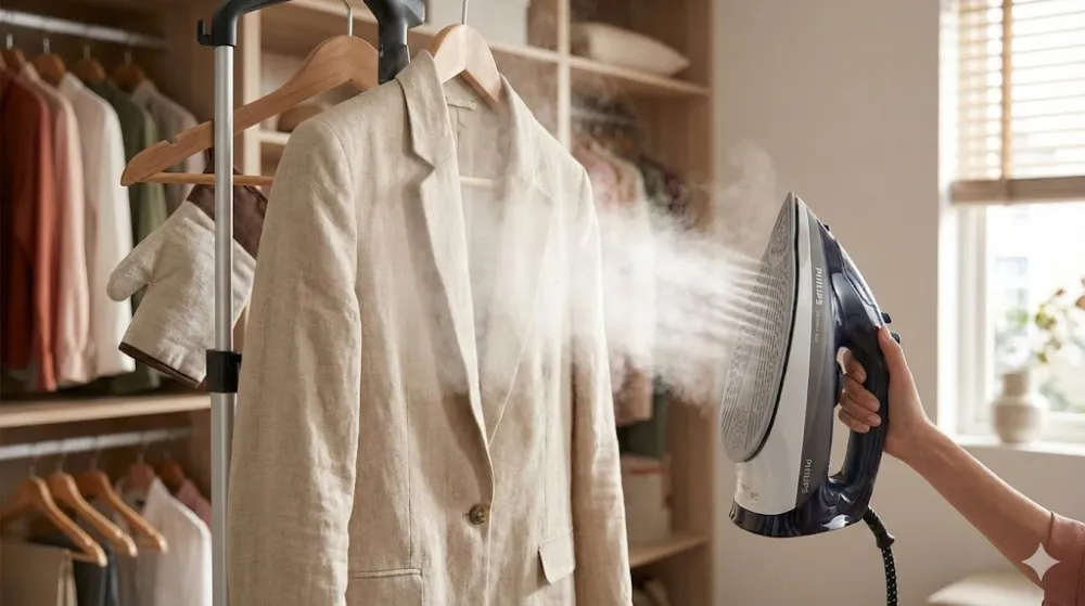 Процес вертикального відпарювання: потужна пара з праски розгладжує бежевий піджак на вішалці