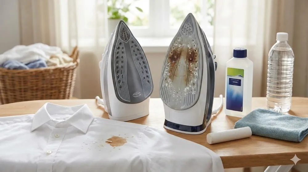 Праска з нагаром біля білої сорочки з коричневою плямою, дистильована вода та олівець для чищення на фоні