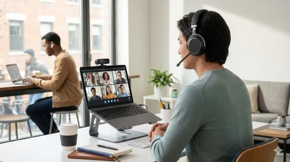 Чоловік у професійній гарнітурі проводить відеоконференцію за ноутбуком на підставці в домашньому офісі