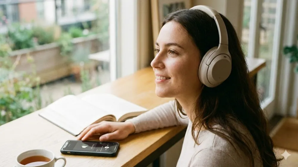 Усміхнена жінка в навушниках слухає музику на безпечній гучності, дивлячись у вікно поруч із книгою та чаєм