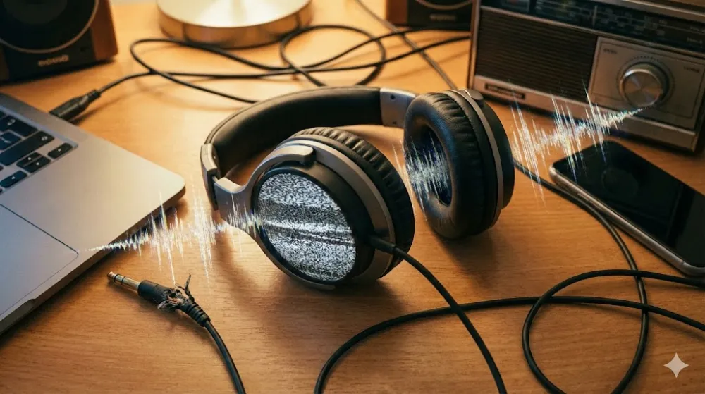 Навушники на робочому столі з візуалізацією звукових завад, фону та пошкодженим штекером поруч