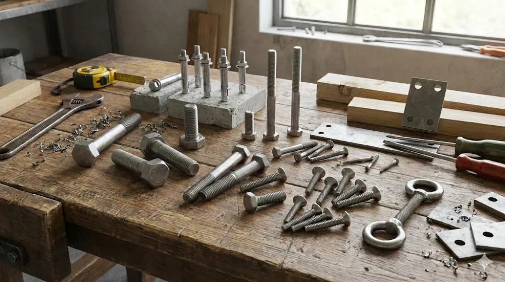 Різноманітні види болтів, анкери та гайкові ключі на робочому столі в майстерні для будівництва та ремонту