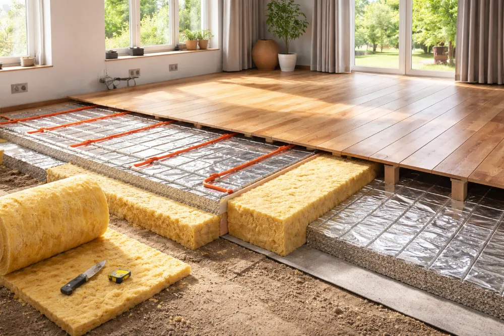 Шари теплоізоляції підлоги в будинку: утеплювач, фольгований шар і труби теплої підлоги під деревʼяним покриттям