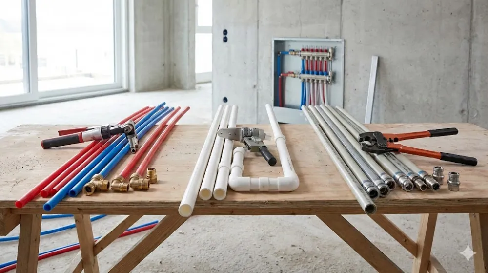 На дерев'яному столі на будівництві розкладені труби PEX, поліпропілену і металопластику разом з інструментами для їх монтажу