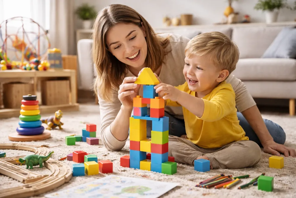 Мама з маленькою дитиною разом будують вежу з кольорових кубиків на підлозі, навколо іграшки та олівці