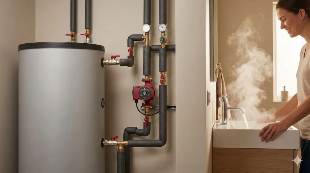 Монтаж системи рециркуляції гарячої води з бойлером і насосом для миттєвої подачі окропу з крана