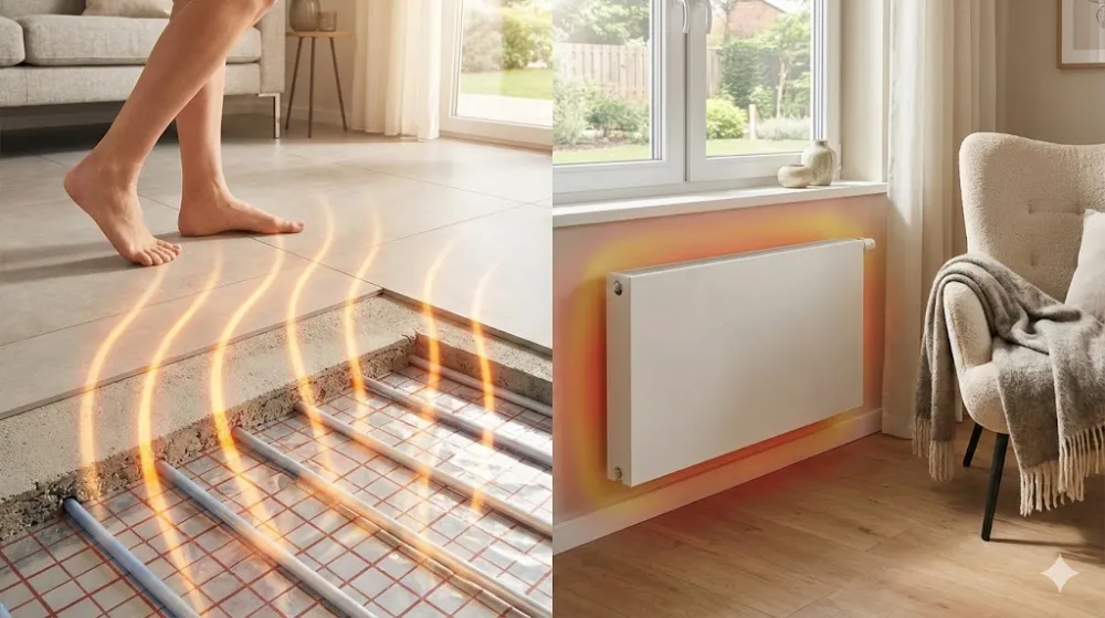 Ліворуч: ноги на теплій підлозі, видно труби в стяжці. Праворуч: білий панельний радіатор під вікном у затишній кімнаті.