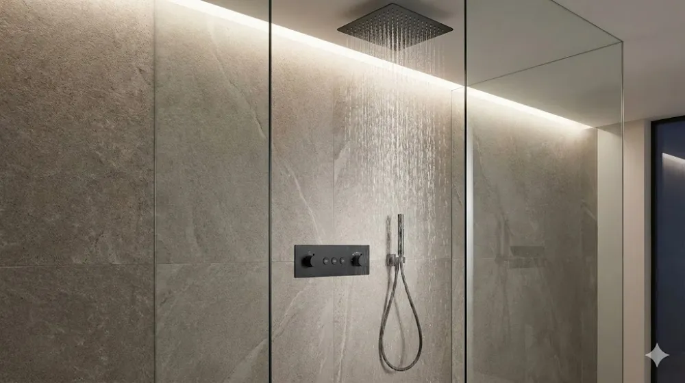 Сучасна душова: чорний вбудований змішувач, працюючий тропічний душ зі стелі та ручна лійка на тлі сірої плитки