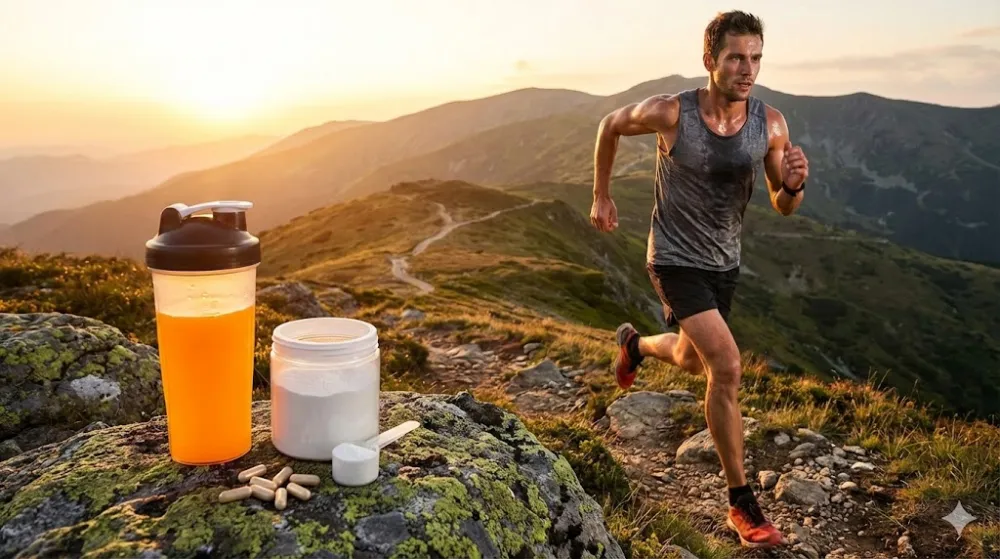 Атлет біжить гірською стежкою поруч із шейкером та спортивними добавками для енергії на заході сонця