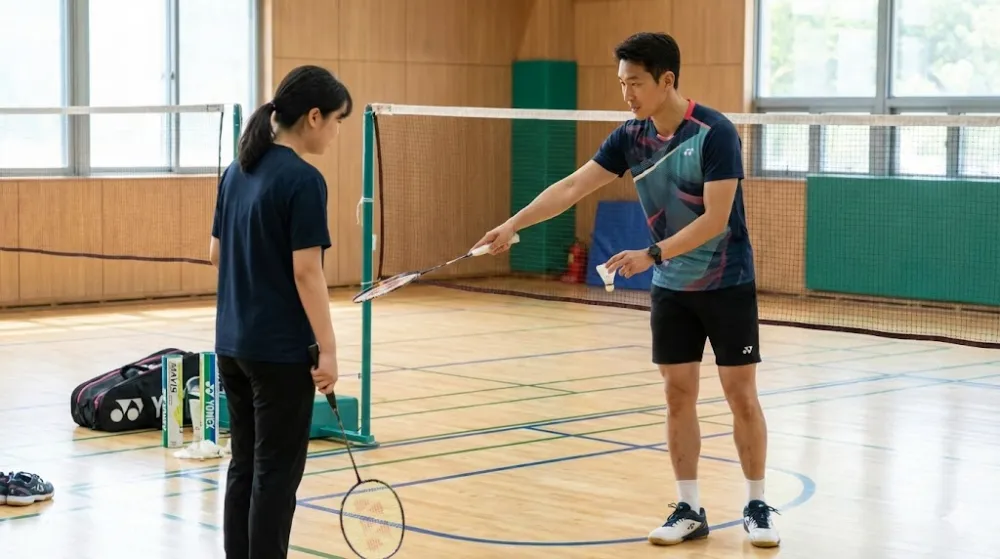 Чоловік інструктор з бадмінтону показує дівчині правильну техніку подачі волана на корті