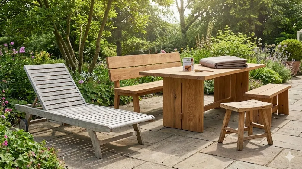 Дерев'яний шезлонг, стіл і лавки на терасі в саду. Видно різний ступінь зносу деревини та засоби для догляду на столі