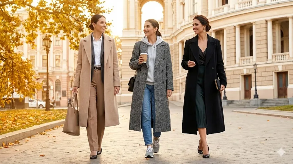 Фото трьох жінок, що демонструють різні способи носіння довгого пальта: діловий, спортивний та вечірній образи